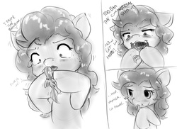 Size: 1096x799 | Tagged: safe, artist:alloyrabbit, pinkie pie, rainbow dash, pegasus, pony, g4, blushing, comic, dialogue, female, fetish, giant pony, head first, macro, mare, monochrome, pinkie pred, size difference, sketch, skittles, smoldash, tail, tail sticking out, taste the rainbow, uvula, vore
