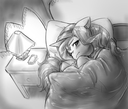 Size: 856x729 | Tagged: safe, artist:alloyrabbit, sunset shimmer, oc, oc:anon, human, pony, unicorn, g4, bed, bedside stand, blanket, blushing, canopy bed, crying, curled up, curtains, lamp, micro, monochrome, pillow, sad, shading, size difference, sketch, snuggling, tissue