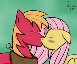 Size: 1417x1181 | Tagged: safe, artist:jj-snake, big macintosh, fluttershy, earth pony, pegasus, pony, g4, duo, eyes closed, kiss on the lips, kissing, male, ship:fluttermac, shipping, stallion, straight