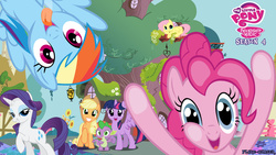 Size: 1024x576 | Tagged: safe, applejack, fluttershy, pinkie pie, rainbow dash, rarity, spike, twilight sparkle, g4, season 4, fourth wall, fourth wall pose, happy, mane seven, mane six, my little pony logo, tongue out