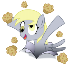 Size: 400x400 | Tagged: safe, derpy hooves, pegasus, pony, g4, background pony, female, food, happy, mare, muffin, simple background, transparent background