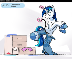 Size: 1000x810 | Tagged: safe, artist:gsphere, shining armor, pony, unicorn, g4, belt, clothes, drawer, face, jeans, magic, male, rearing, shining armor does something i also did today, solo, stallion, standing, standing on one leg