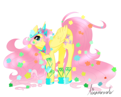 Size: 1280x1024 | Tagged: safe, artist:linamomoko, fluttershy, alicorn, pony, g4, alicornified, blushing, cute, eyes, female, flower, flower in hair, fluttercorn, hair over one eye, long hair, race swap, raised hoof, signature, simple background, solo, transparent background