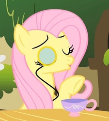 Size: 450x500 | Tagged: safe, fluttershy, g4, eyes closed, fancy, female, like a sir, monocle, solo, tea