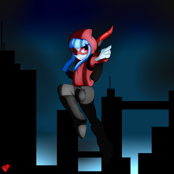 Size: 1280x1280 | Tagged: safe, artist:mytatsur, sonata dusk, equestria girls, g4, archer, bow (weapon), city, cityscape, clothes, female, hoodie, jumping, leg warmers, night, pointing, solo, superhero, wink