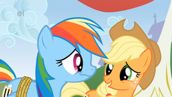 Size: 640x360 | Tagged: safe, screencap, applejack, rainbow dash, fall weather friends, g4, duo, hat, laughing