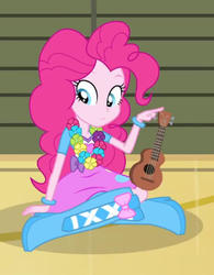 Size: 308x394 | Tagged: safe, screencap, pinkie pie, equestria girls, g4, my little pony equestria girls: rainbow rocks, shake your tail, balloon, boots, bracelet, clothes, female, flower, high heel boots, jewelry, lei, musical instrument, skirt, solo, ukulele