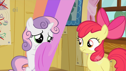 Size: 1280x720 | Tagged: safe, screencap, apple bloom, scootaloo, sweetie belle, g4, cutie mark crusaders, duo, reaction image