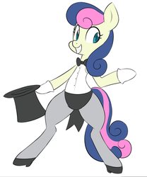 Size: 760x914 | Tagged: safe, artist:hidden-cat, bon bon, sweetie drops, earth pony, pony, all's fair in love & friendship games, g4, my little pony equestria girls: friendship games, bipedal, bowtie, clothes, equestria girls ponified, female, gloves, hat, mare, pantyhose, ponified, scene interpretation, shoes, simple background, solo, top hat, white background