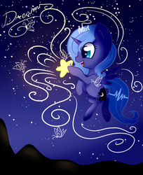 Size: 734x900 | Tagged: safe, artist:lucinda250, princess luna, g4, dream, female, filly, flying, night, remake, solo, stars, tangible heavenly object, woona