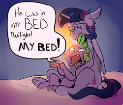 Size: 1280x1083 | Tagged: safe, artist:imsokyo, spike, twilight sparkle, alicorn, dragon, pony, daily life of spike, g4, make new friends but keep discord, bed, comforting, dialogue, female, implied discord, male, mama twilight, mare, scarred for life, sitting, traumatized, tumblr, twilight sparkle (alicorn)