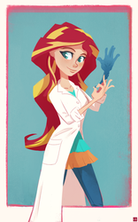 Size: 1000x1599 | Tagged: safe, artist:ajvl, sunset shimmer, equestria girls, g4, my little pony equestria girls: friendship games, the science of magic, clothes, female, human coloration, lab coat, rubber gloves, solo, sunset the science gal