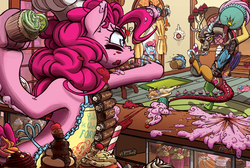 Size: 2016x1353 | Tagged: safe, artist:prismspark, cup cake, discord, pinkie pie, earth pony, pony, g4, apron, bandolier, bipedal, cake, camouflage, clothes, cupcake, fight, food, food fight, helmet, sugarcube corner