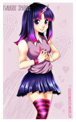 Size: 600x968 | Tagged: dead source, safe, artist:shizuochan776, twilight sparkle, human, g4, clothes, female, horn, horned humanization, humanized, shirt, skirt, socks, solo, striped socks, thigh highs