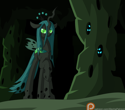 Size: 1024x896 | Tagged: safe, artist:mechanized515, queen chrysalis, changeling, changeling queen, g4, cave, crown, female, glowing, glowing eyes, jewelry, looking at you, patreon, raised hoof, regalia, solo