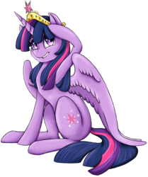 Size: 1248x1496 | Tagged: safe, artist:baffleddingo, twilight sparkle, alicorn, pony, g4, adorkable, crown, cute, dork, female, grin, horn, mare, partially open wings, salute, simple background, sitting, smiling, solo, transparent background, twiabetes, twilight sparkle (alicorn), vector, wings