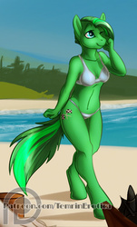 Size: 301x500 | Tagged: safe, artist:temrin, edit, oc, oc only, oc:jade aurora, earth pony, anthro, unguligrade anthro, beach, belly button, bikini, checkered flag, clothes, cropped, female, midriff, patreon, solo, swimsuit