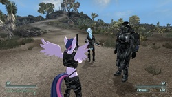 Size: 1920x1080 | Tagged: safe, screencap, trixie, twilight sparkle, anthro, g4, 3d, fallout: new vegas, heavily modded, midriff, pony race and companion mod, shoddycast, story teller mod, the story teller, twilight sparkle (alicorn)