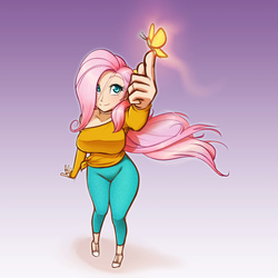 Size: 1514x1514 | Tagged: safe, artist:scorpdk, fluttershy, butterfly, human, g4, big breasts, breasts, busty fluttershy, clothes, female, humanized, looking up, pants, sandals, smiling, solo