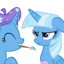 Size: 1024x1024 | Tagged: safe, artist:dtkraus, color edit, trixie, twilight sparkle, alicorn, pony, g4, ^^, alternate color palette, alternate hair color, beret, bodypaint, cute, diatrixes, eyes closed, female, grin, mare, paint, paint on feathers, paint on fur, paintbrush, painting characters, recolor, simple background, transparent background, twilight sparkle (alicorn), twilight sparkle is not amused, unamused, vector
