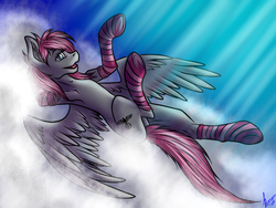 Size: 1600x1200 | Tagged: safe, artist:stirren, pegasus, pony, armpits, clothes, cloud, socks, striped socks, wings