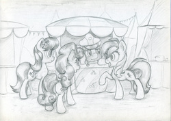 Size: 1414x1000 | Tagged: safe, artist:scootiebloom, daisy, flower wishes, lily, lily valley, roseluck, g4, monochrome, traditional art