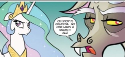 Size: 777x356 | Tagged: safe, artist:tony fleecs, idw, official comic, discord, princess celestia, alicorn, draconequus, pony, friends forever #2, g4, my little pony: friends forever, spoiler:comic, annoyed, cropped, duo, female, gradient background, male, mare, speech bubble