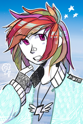 Size: 600x900 | Tagged: safe, artist:wafflemilu, rainbow dash, human, g4, clothes, female, humanized, jacket, necklace, pointing, solo