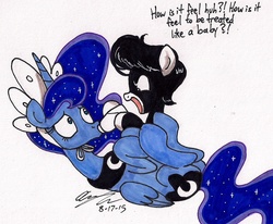 Size: 1194x982 | Tagged: safe, artist:newyorkx3, princess luna, oc, oc:tommy junior, g4, baby bottle, bonnet, colt, dialogue, duo, engrish, female, foal, grammar error, lying down, male, mare, on back, revenge, traditional art