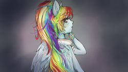 Size: 1920x1080 | Tagged: safe, artist:chocori, rainbow dash, human, g4, bracelet, clothes, collar, eared humanization, eyelashes, female, human facial structure, humanized, jewelry, lipstick, long ears, long hair, looking at you, looking back, ponytail, simple background, solo, upper body, winged humanization, wings, wristband