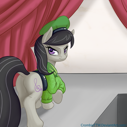Size: 2500x2500 | Tagged: safe, artist:crombiettw, octavia melody, earth pony, pony, g4, bedroom eyes, butt, clothes, curtains, dock, female, hat, high res, looking at you, looking back, mare, plot, solo, underhoof