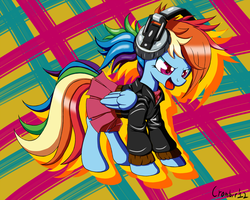 Size: 1279x1023 | Tagged: safe, artist:crombiettw, rainbow dash, g4, clothes, female, headphones, jacket, skirt, solo