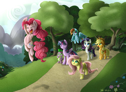 Size: 5476x4000 | Tagged: safe, artist:dari-draws, applejack, fluttershy, pinkie pie, rainbow dash, rarity, spike, twilight sparkle, alicorn, pony, g4, absurd resolution, cheering, female, forest, grass, jumping, mane seven, mane six, mare, mountain, twilight sparkle (alicorn)