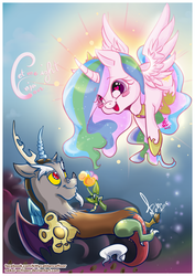 Size: 600x849 | Tagged: safe, artist:nekoi-echizen, discord, princess celestia, g4, blushing, crepuscular rays, curved horn, female, flower, flying, heart eyes, horn, male, ship:dislestia, shipping, straight, sun, wingding eyes