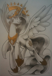 Size: 1860x2688 | Tagged: safe, artist:wynnchi, princess celestia, g4, female, princess shoes, simple background, smiling, solo, spread wings, traditional art