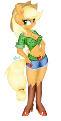 Size: 1024x2010 | Tagged: safe, artist:pvrii, applejack, earth pony, anthro, g4, belly button, boots, cleavage, clothes, daisy dukes, ear fluff, female, front knot midriff, hand on hip, midriff, necklace, shorts, simple background, solo, transparent background