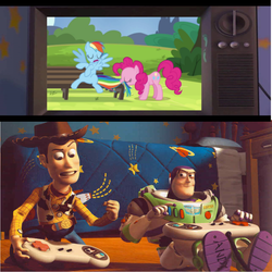 Size: 1000x1000 | Tagged: safe, pinkie pie, rainbow dash, g4, testing testing 1-2-3, buzz lightyear, disney, duo, male, pixar, tail bite, tail pull, television, toy story, video game, woody