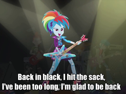 Size: 965x720 | Tagged: safe, crimson napalm, rainbow dash, thunderbass, valhallen, equestria girls, friendship through the ages, g4, my little pony equestria girls: rainbow rocks, ac/dc, back in black, background human, electric guitar, guitar, hard rock, image macro, meme, musical instrument, rainbow punk, rock (music), song reference