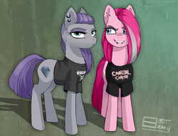 Size: 1279x975 | Tagged: safe, artist:8bitamy, maud pie, pinkie pie, g4, alternate hairstyle, cannibal corpse, clothes, metallica, piercing, pinkamena diane pie, shirt, wrong cutie mark