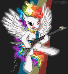 Size: 1600x1742 | Tagged: safe, artist:flutterthrash, rainbow dash, pegasus, pony, g4, electric guitar, element of loyalty, female, flying v, guitar, hard rock, heavy metal, looking at you, musical instrument, rock (music), solo, super rainbow dash