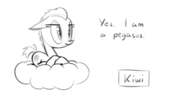 Size: 591x345 | Tagged: safe, artist:chef j, oc, oc only, oc:kiwi, bird pone, kiwi, pegasus, pony, cloud, crossed legs, monochrome, solo, wingless