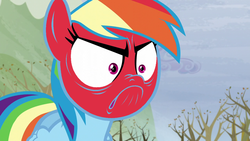 Size: 1280x720 | Tagged: safe, edit, screencap, rainbow dash, g4, tanks for the memories, angry, cartoon cliche, do i look angry, no guts no glori, turns red