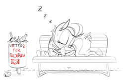 Size: 799x526 | Tagged: safe, artist:chef j, oc, oc only, oc:jackie, bird pone, jackdaw, pegasus, pony, bench, clothes, dirty, hoodie, monochrome, sleeping, soda can, solo, stick, sweater, trash, trash can