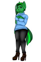Size: 840x1280 | Tagged: safe, artist:hunachima, oc, oc only, oc:jade aurora, anthro, boob window, boots, cleavage, clothes, female, high heel boots, high heels, jeans, keyhole turtleneck, open-chest sweater, solo, sweater, turtleneck