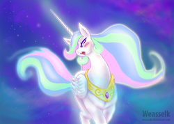 Size: 1024x731 | Tagged: safe, artist:weasselk, princess celestia, alicorn, pony, g4, bedroom eyes, blushing, cute, ethereal mane, female, open mouth, solo, space