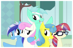 Size: 1600x1055 | Tagged: dead source, safe, artist:iflysna94, lemon hearts, lyra heartstrings, minuette, moondancer, twinkleshine, pony, unicorn, g4, canterlot five, female, group, mare