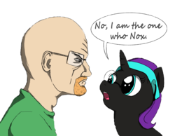 Size: 1045x811 | Tagged: artist needed, safe, oc, oc:nyx, alicorn, pony, alicorn oc, breaking bad, crossover, frown, glare, heisenberg, joke, open mouth, pun, simple background, speech bubble, transparent background, walter white