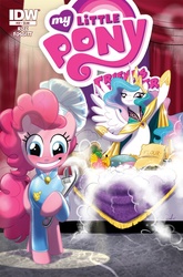 Size: 1054x1600 | Tagged: safe, artist:amy mebberson, idw, pinkie pie, princess celestia, friends forever #22, g4, my little pony: friends forever, spoiler:comic, iron chef, takeshi kaga