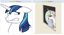 Size: 513x281 | Tagged: safe, princess celestia, shining armor, derpibooru, princess molestia, g4, exploitable meme, juxtaposition, juxtaposition win, meme, meta, ship:shininglestia, uncomfortable, window licking