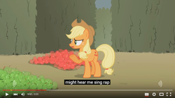 Size: 854x480 | Tagged: safe, screencap, applejack, g4, the return of harmony, canterlot hedge maze, hedge maze, maze, meme, rap, song in the comments, youtube caption
